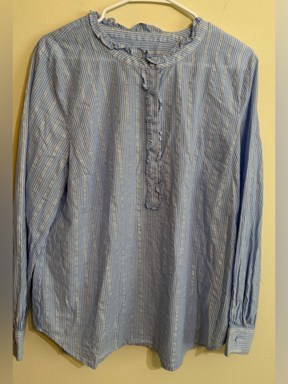 Talbots Blue and White Striped Ruffle Button-Front Shirt XL